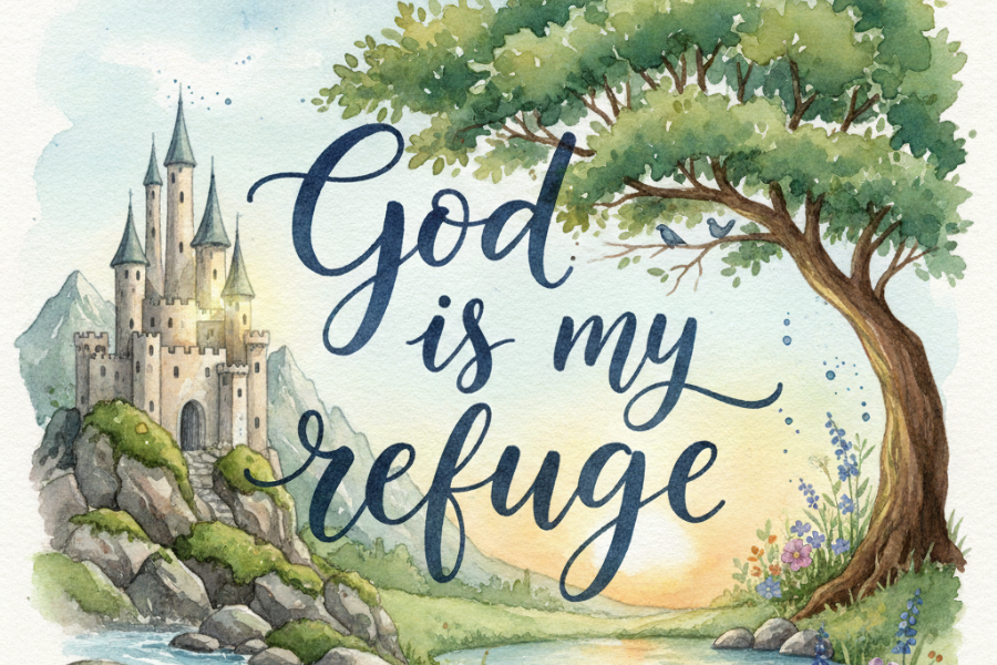 Castle and tree with 'God is my refuge' text in a scenic setting