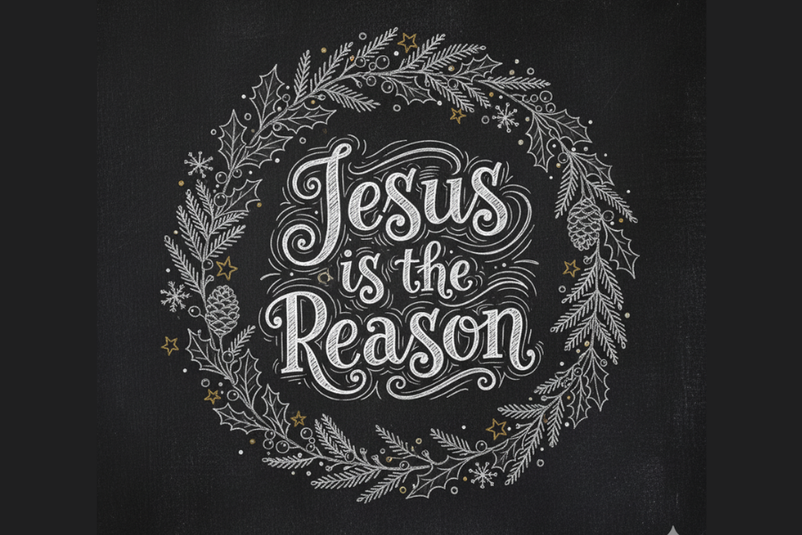 Text 'Jesus is the Reason' surrounded by decorative elements on a black background