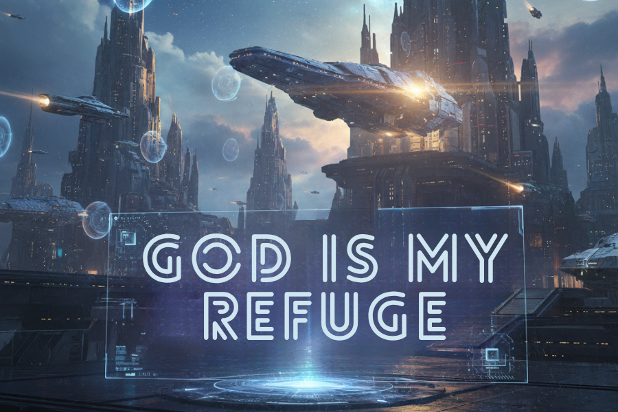 Futuristic cityscape with spaceships and text 'God is my refuge' in a sci-fi setting.