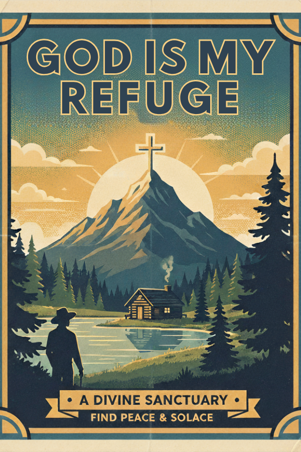 Vintage-style poster with a mountain scene, cross, and text 'God is my Refuge'.