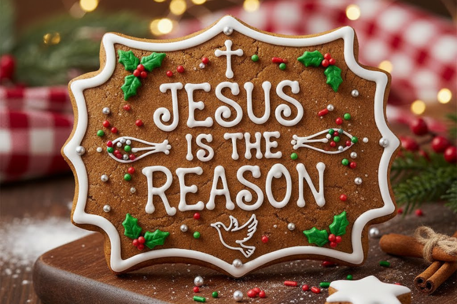 Gingerbread cookie with 'Jesus is the Reason' text on a festive background