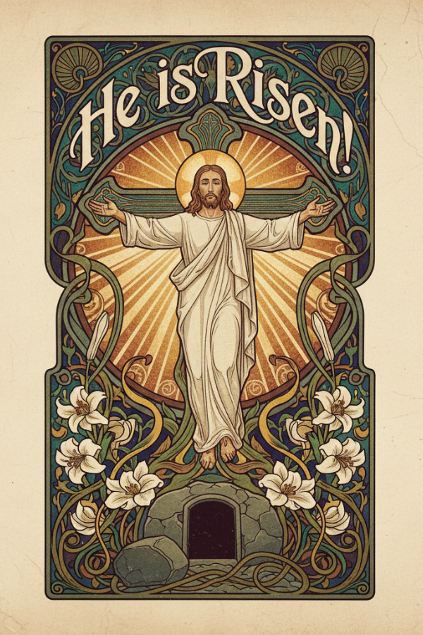 Art Nouveau-style illustration of Jesus Christ with 'He is Risen!' text and flowers.