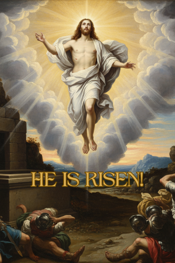 Resurrection scene with 'He is Risen!' text, classical painting style