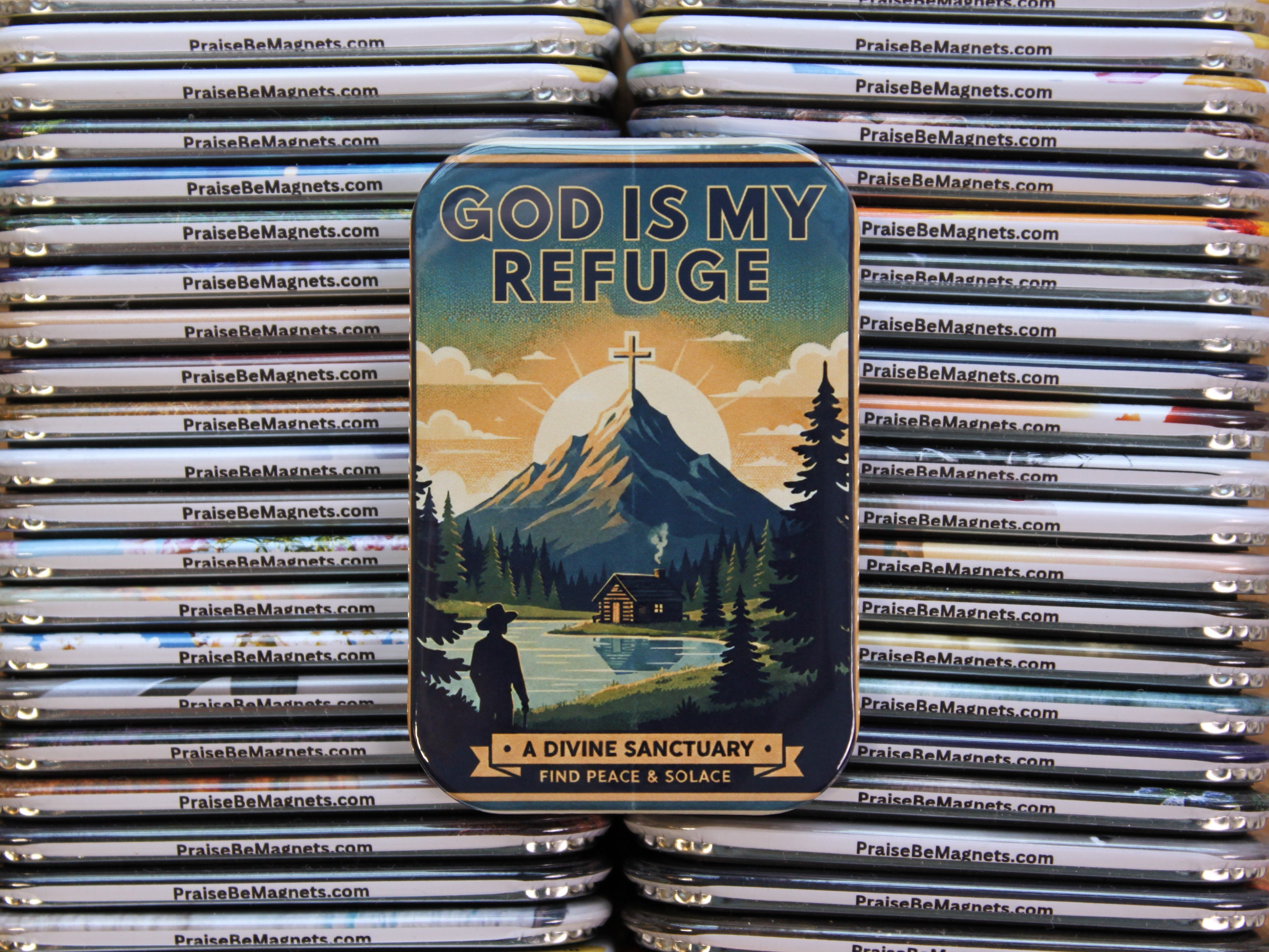 Stack of metal magnets with a central magnet featuring 'God is My Refuge' design.