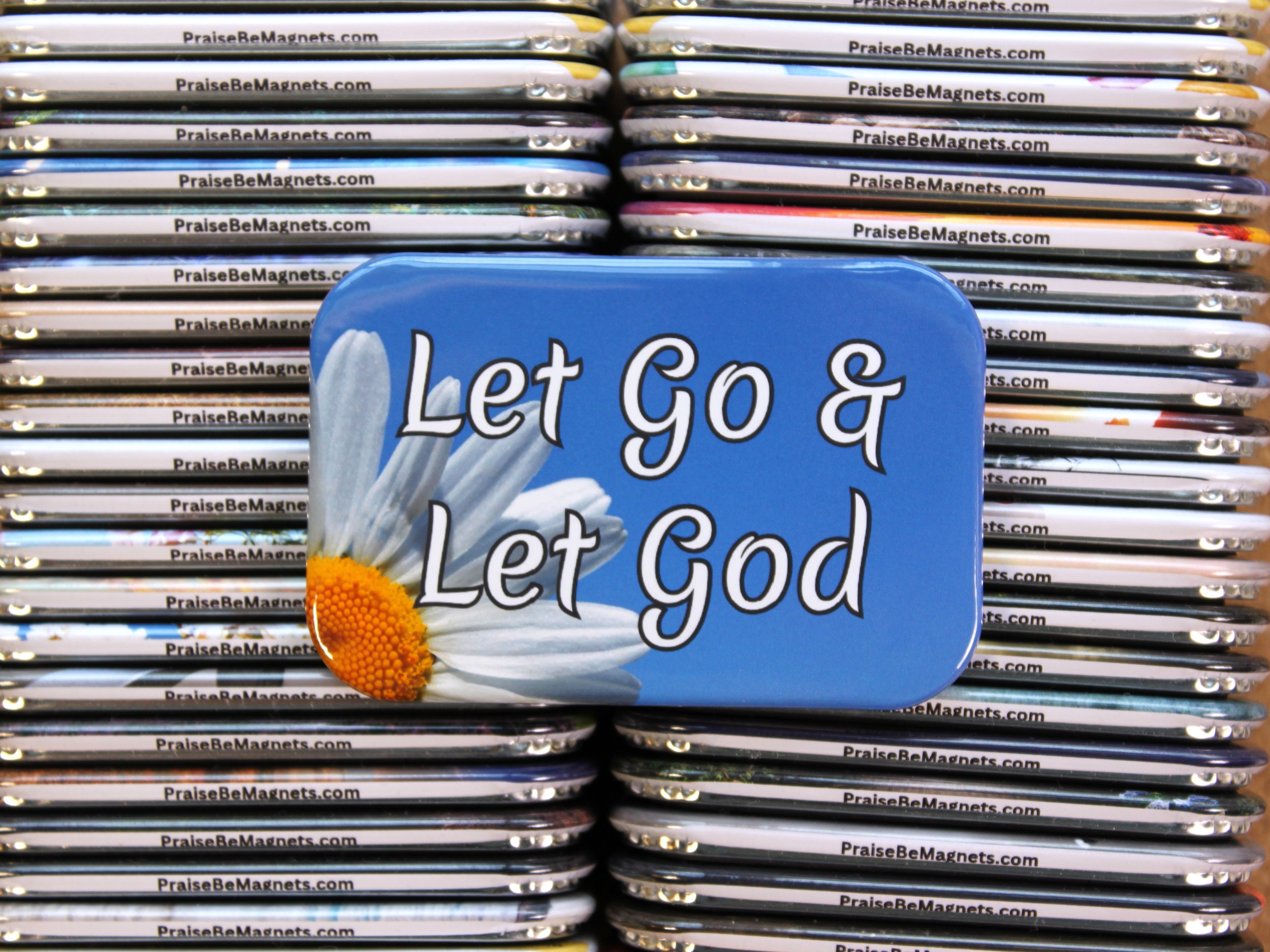 Stack of 'Let Go & Let God' magnets with a blue background