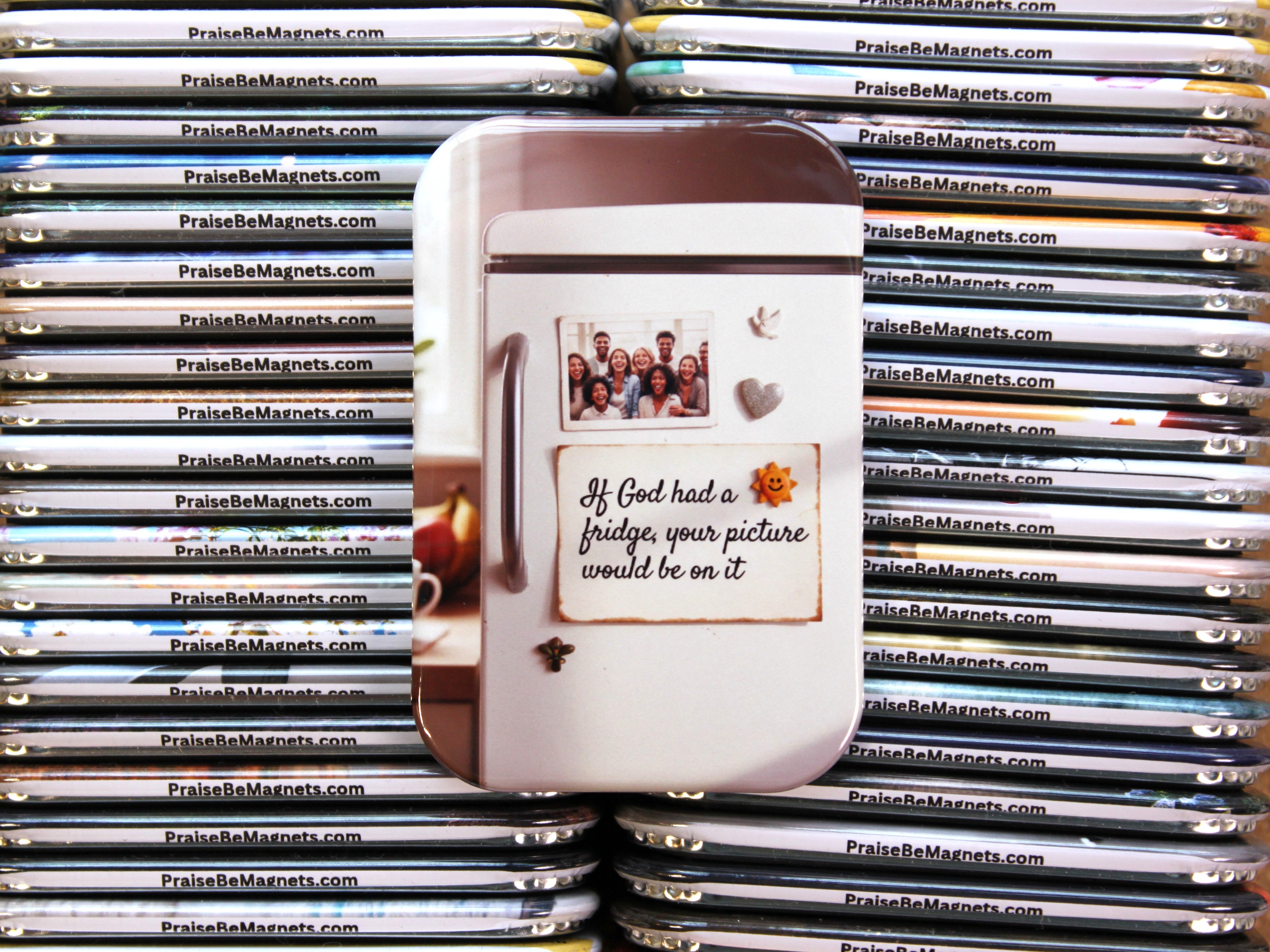 Stack of refrigerator magnets with a prominent magnet featuring a humorous message.