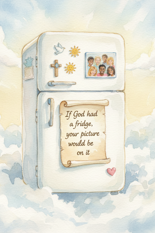Fridge with a message about God and a picture of children on a cloud background