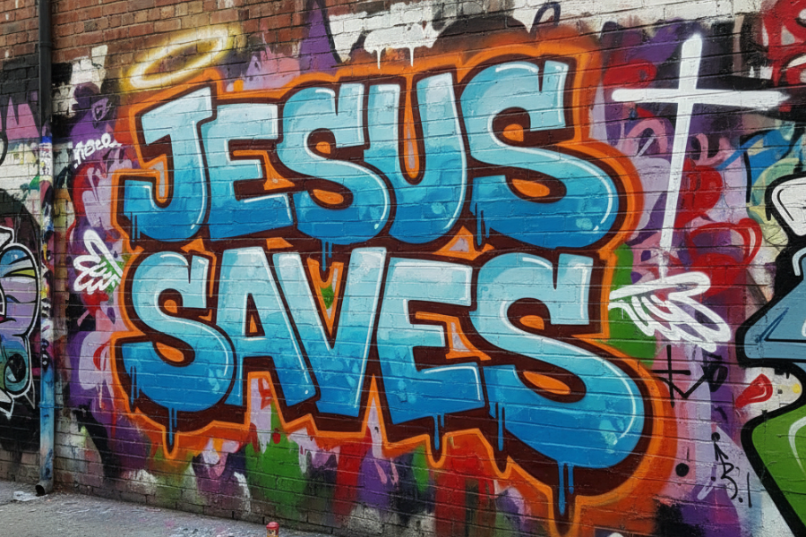 Graffiti art on a wall with 'Jesus Saves' in colorful letters.
