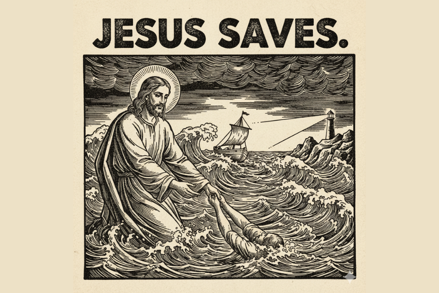 Illustration of Jesus calming the waves with 'Jesus Saves' text above.