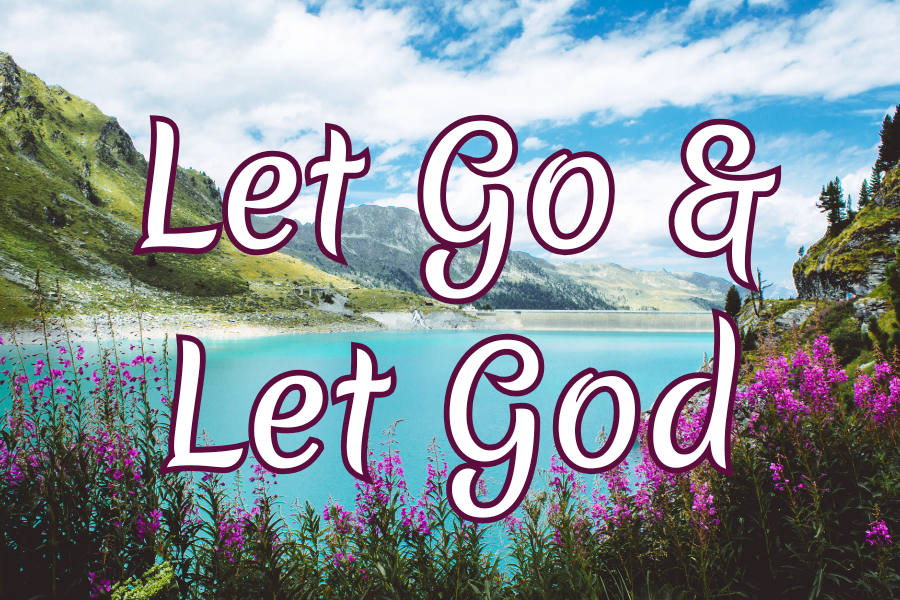 Scenic landscape with mountains, lake, and pink flowers with 'Let Go & Let God' text.