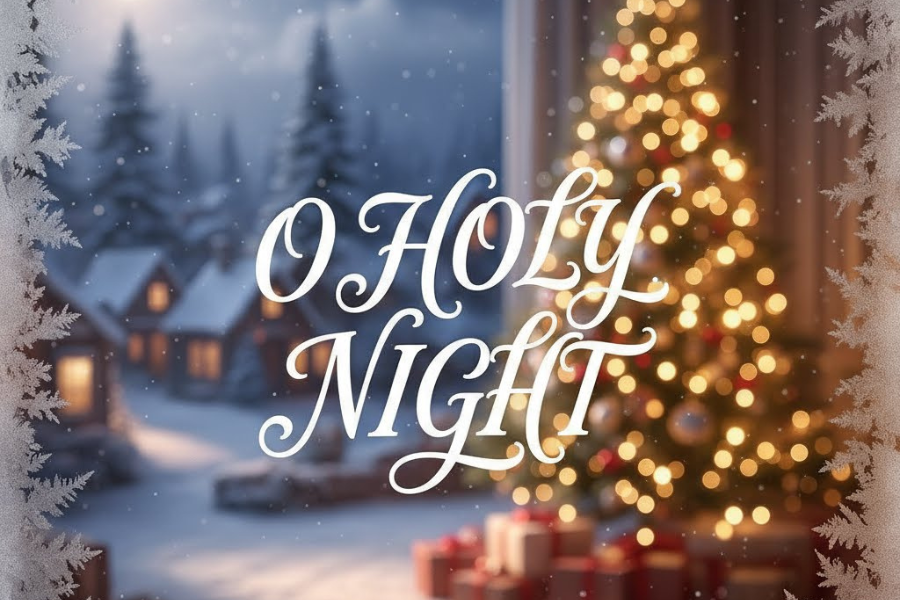 Christmas scene with 'O Holy Night' text, decorated tree, and presents.