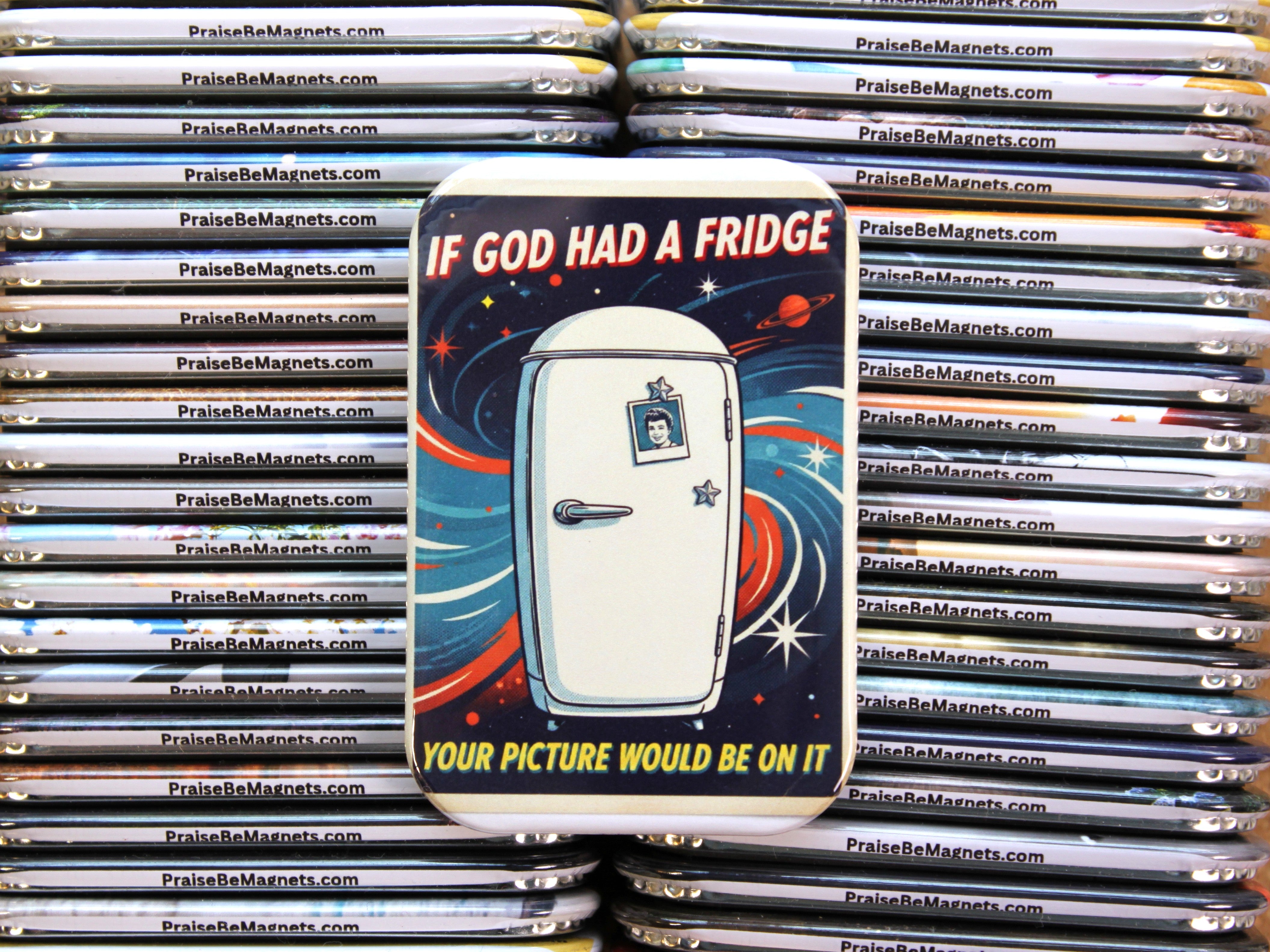 Stack of refrigerator magnets with a humorous design and text.