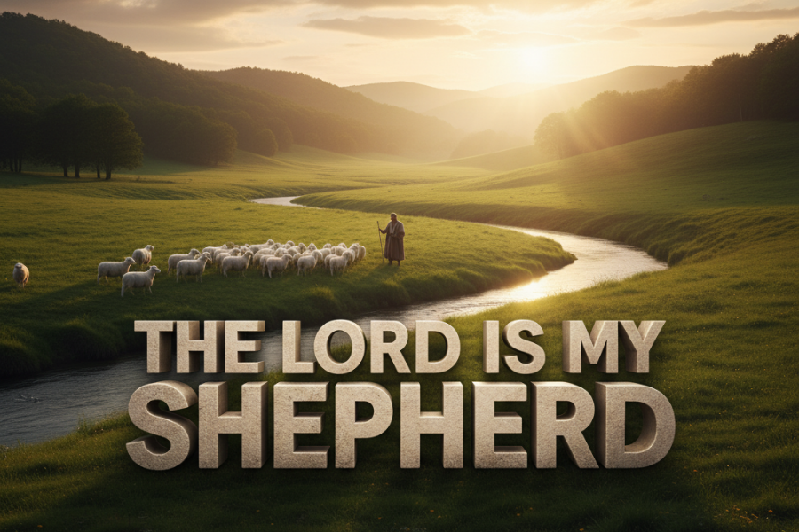 Shepherd with sheep in a pastoral scene with the text 'The Lord is my Shepherd'.
