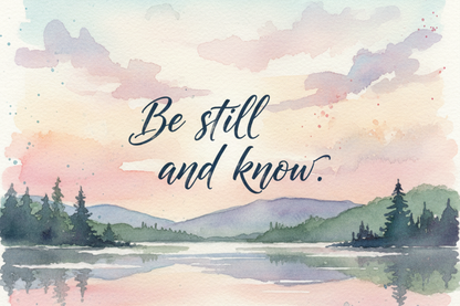 Watercolor landscape with a lake and mountains, featuring the text 'Be still and know.'