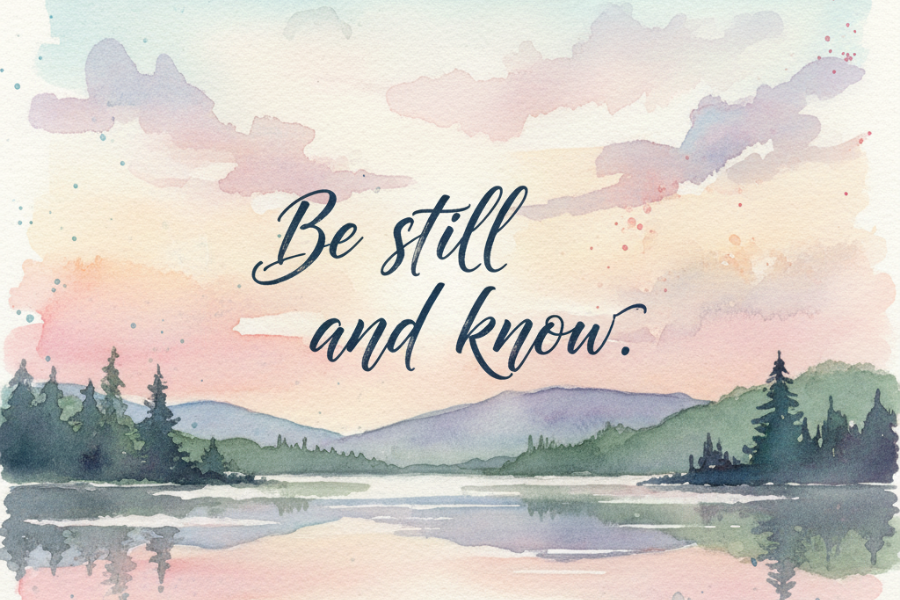 Watercolor landscape with a lake and mountains, featuring the text 'Be still and know.'