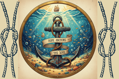 Decorative illustration of an anchor with a banner and ropes, set against a nautical-themed background.