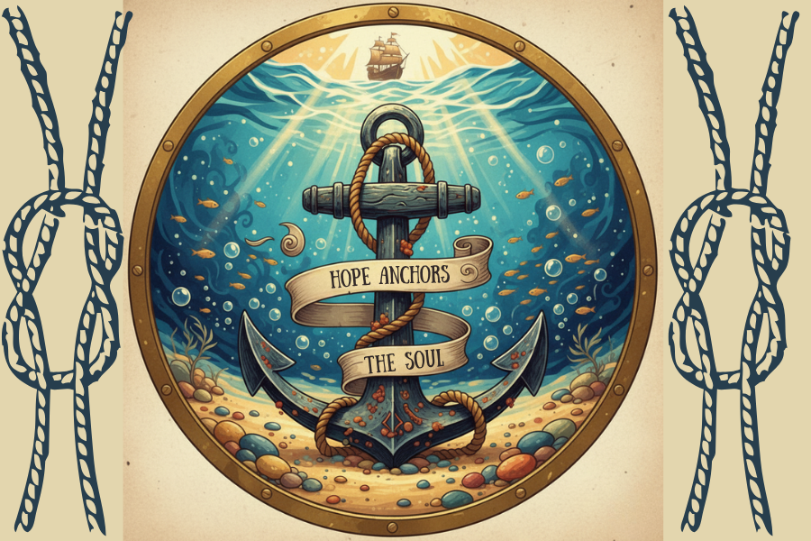 Decorative illustration of an anchor with a banner and ropes, set against a nautical-themed background.