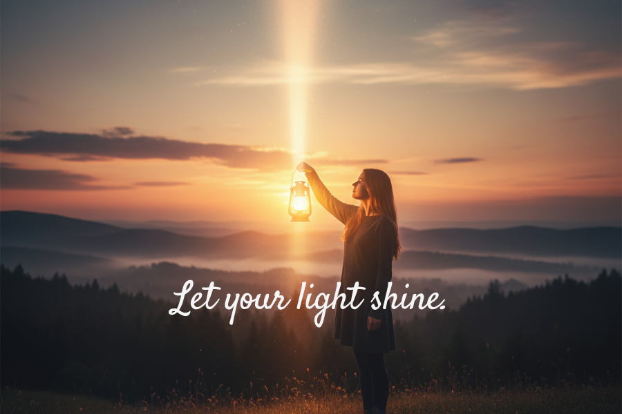 Person holding a lantern with a scenic background and 'Let your light shine' text.
