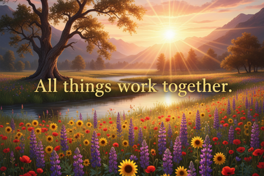 Scenic landscape with flowers, tree, and mountains with text 'All things work together'.