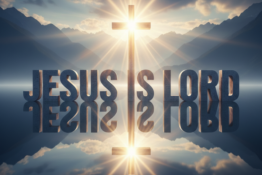 Cross with 'Jesus is Lord' text against a mountainous landscape with sunlit sky