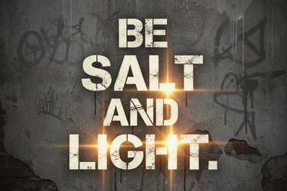 Motivational quote 'Be Salt and Light' on a textured background with graffiti.