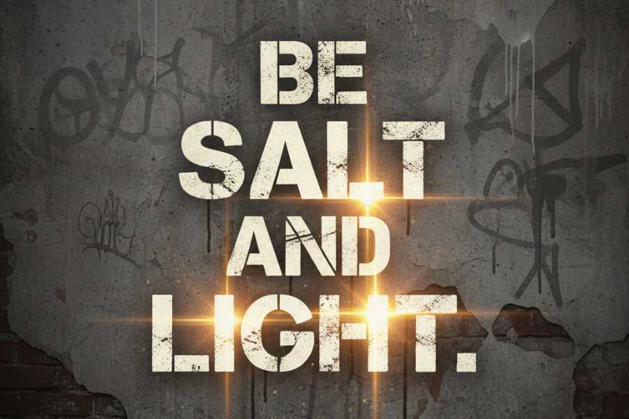 Motivational quote 'Be Salt and Light' on a textured background with graffiti.