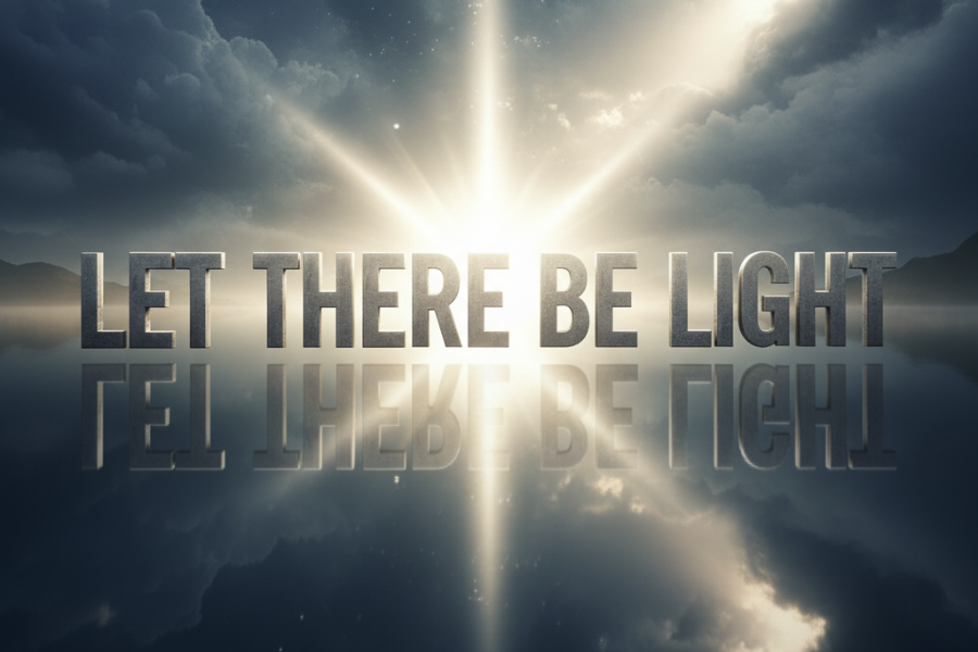 Text 'Let There Be Light' with a bright light source in the background