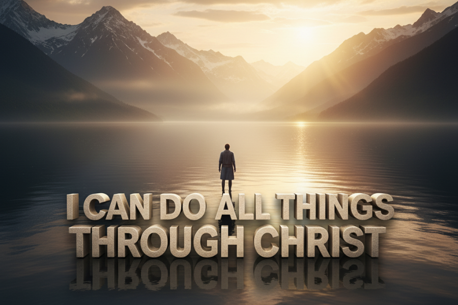 Person standing on a lake with mountains in the background, text 'I can do all things through Christ' displayed.