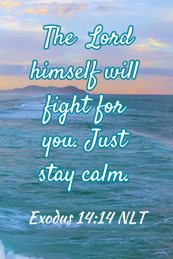 Ocean scene with motivational quote and Bible verse on a blue background
