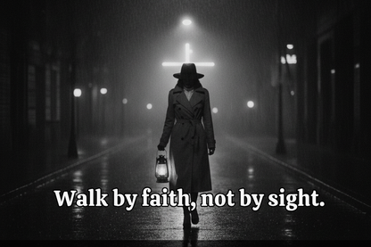 Person walking down a foggy street with a suitcase, quote 'Walk by faith, not by sight.'