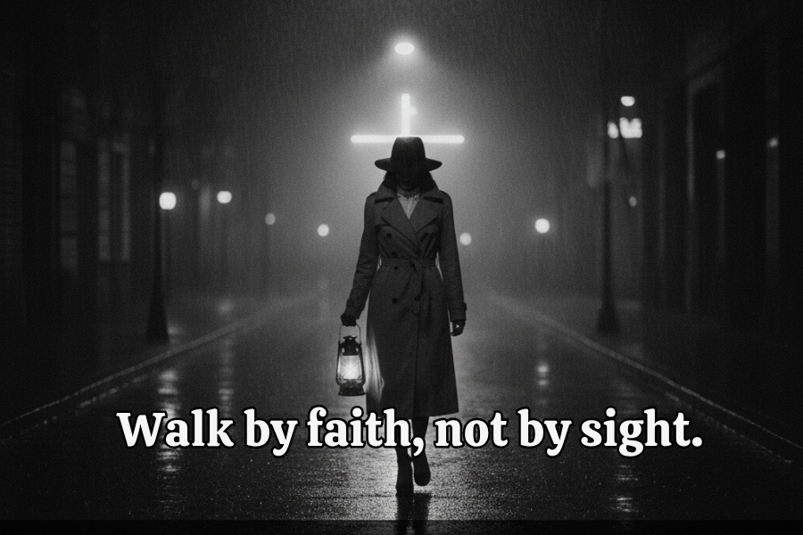 Person walking down a foggy street with a suitcase, quote 'Walk by faith, not by sight.'