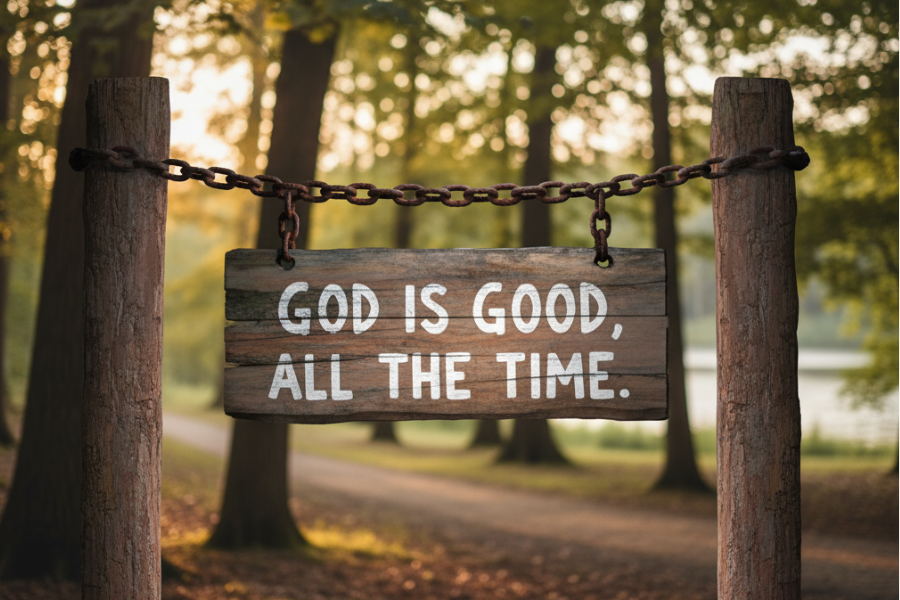 Wooden sign with 'God is good, all the time.' text in a forest setting