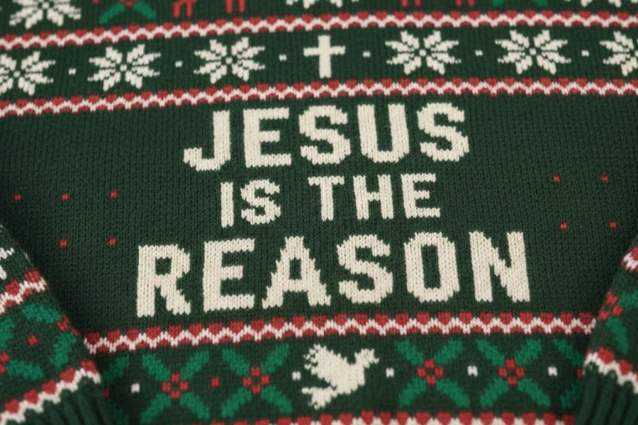 Christmas sweater with 'Jesus is the Reason' text and festive patterns.