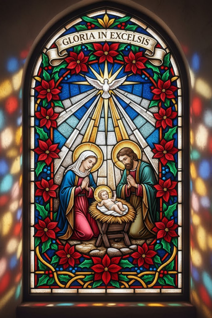 Stained glass window depicting the Nativity scene with Mary, Joseph, and baby Jesus.