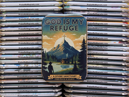 Stack of metal magnets with a central magnet featuring 'God is My Refuge' design.