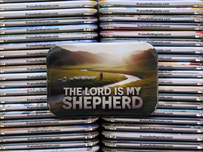 Stack of metal magnets with 'The Lord is My Shepherd' design on top