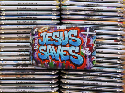 Stack of 'Praise Be Magnets' with a colorful 'Jesus Saves' magnet on top.