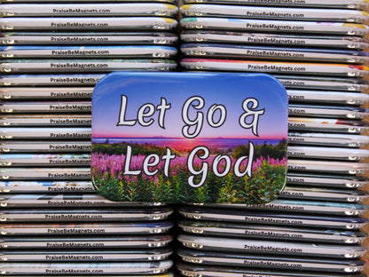 Stack of magnets with 'Let Go & Let God' text and nature design.