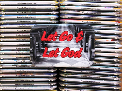Stack of 'Let Go & Let God' magnets with visible branding.