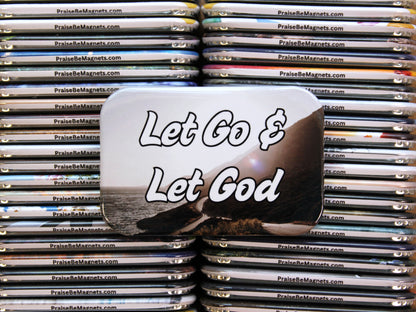 Stack of 'Let Go & Let God' magnets with a website address on a white background