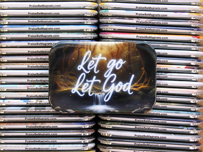 Stack of 'Let go Let God' magnets with a scenic design.
