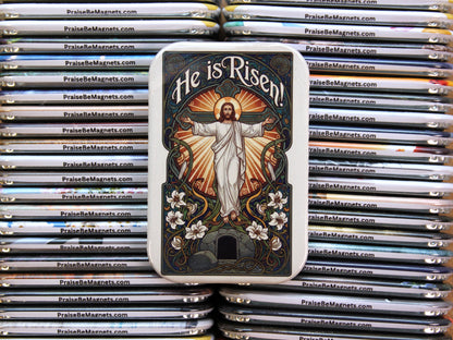 Stack of 'He is Risen!' magnets with a religious design.