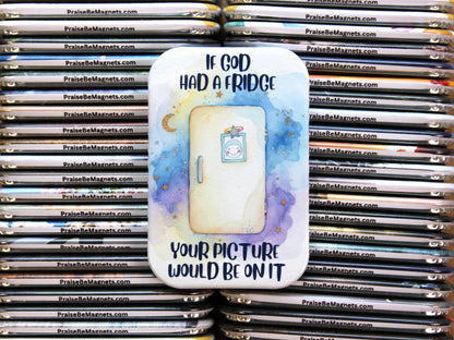 Stack of 'PraiseBeMagnets' with a promotional magnet featuring text and a refrigerator illustration.