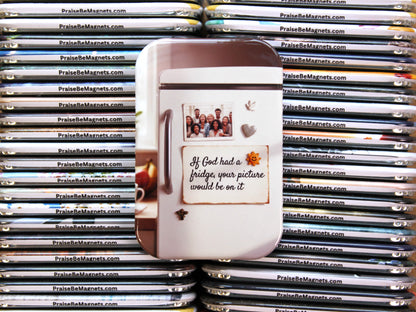 Stack of refrigerator magnets with a prominent magnet featuring a humorous message.