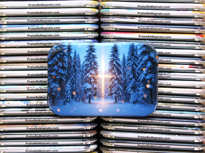 Stack of magnets with a blue design featuring trees and a sun, branded 'PraiseBeMagnets.com'.