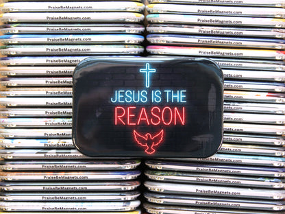 Stack of 'PraiseBeMagnets' products with a prominent 'Jesus is the Reason' sign.