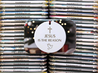 Stack of 'PraiseBeMagnets' with a circular magnet featuring 'Jesus is the Reason' text.