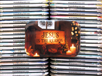 Stack of 'Jesus is the Reason' magnets with a prominent magnet in the foreground.