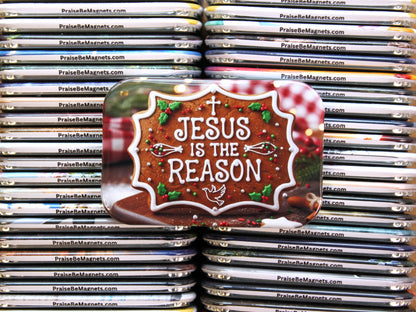 Stack of 'Jesus is the Reason' magnets with a gingerbread design.
