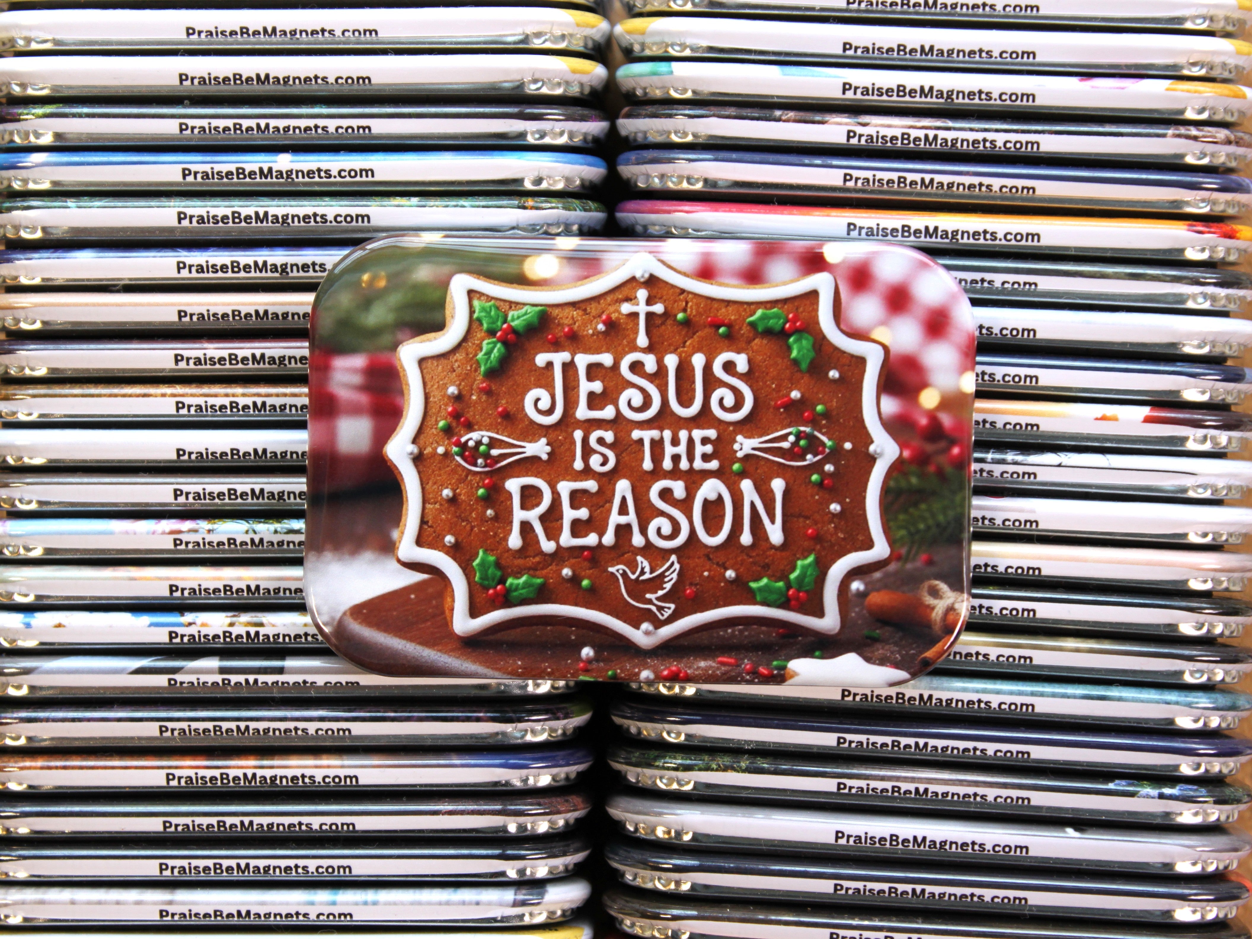 Stack of 'Jesus is the Reason' magnets with a gingerbread design.